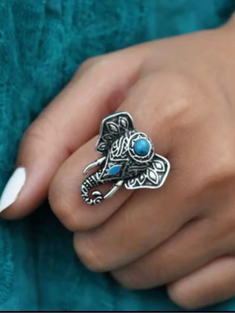Anthropologie Silver Tone Elephant Turquoise Accent Ring One Size NWOT